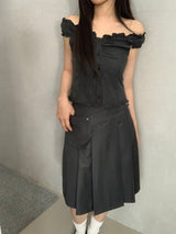 Aaron Check Off-Shoulder Ruffle Blouse  ​
