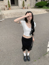 🤍Mist Ribbon Lace V-neck Short Sleeve T-shirt (2 colors)