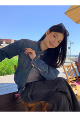 ノーカラーデニムビンテージジップアップジャケット
