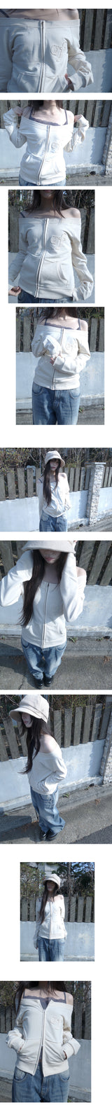 of off-shoulder zip-up