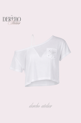 クラッシュワイドビーズネックショートスリーブTシャツ