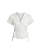 Vivielle Lace Ribbon Shirring V-Neck Blouse White