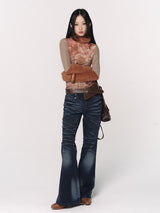CONFUN Design sense three-dimensional cat whiskers, aged washed flared jeans style