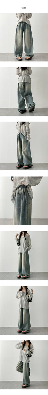 Rize waistbanding side pin tuck incision denim washed wide pants
