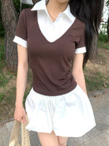 Cafe レイヤードピンタックシャツ ブラウン 半袖Tシャツ (Brown)