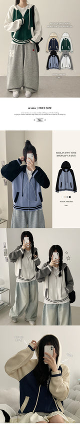 Neck Color Matching Raglan Line Knit Hood Zip-Up