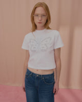 テキストバタフライクロップTシャツ-WHITE