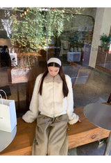 cream soft fur zip-up collar jacket