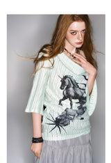 2025 Spring/Summer New Printed Mint Green Swing Neck Loose Top