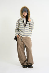 Stripe fur crop hood zip-up