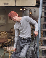 Kanden Ribbed Henley Neck Slim Long Sleeve T-shirt