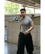 (Muscle Fit) Loop Henley Neck Ribbed Short Sleeve