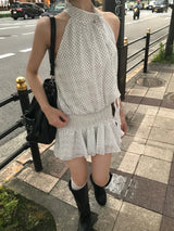 アトリエ ドット フリル ホルター フレア ミニ ドレス