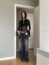 Lace V-neck see-through blouse