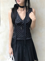 French Dot V-Neck Sleeveless Blouse
