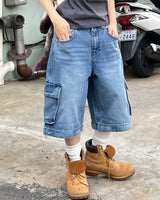 Unisex ツーウェイバミューダジッパーカーゴワイドデニムパンツ