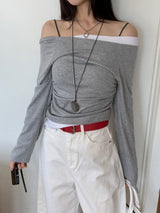 Milky Unbalance Off-Shoulder Boatneck Shirring Long Sleeve T 