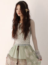 [Rose Island] Layer upon layer of islands, color-blocked ruffled edges, elastic layered double-color base shirt, light and transparent feel layered inside and out