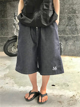 ブランドバミューダデニムハーフパンツ (Black, Mid blue)