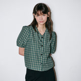Check V neck Blouse Green