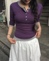 26FW★ [MADE] Fowor Henley Neck Button Slim Three Quarter T-Shirt