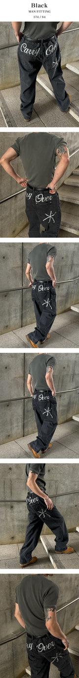[Unisex] ハンドリングステッチワイドデニムパンツ(3color)