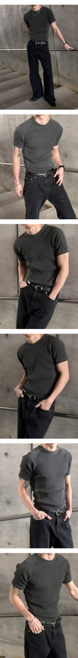 [MUSCLE FIT]ピグメントメッシュゴルジハーフニットTシャツ(4color)