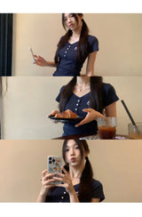 半袖ボタンスリムリブド半袖Tシャツ