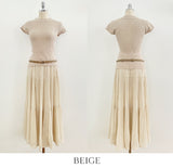 [Two-piece Set] Soche Ribbed Cap Knit Chiffon Skirt Set (Belt Set)