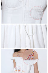 rirri SS25 New Arrival Tie-Detail Floral Contrast Patchwork Slim-Fit Adjustable Waist Slimming Resort White 100% Cotton Dress
