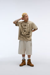 サウンドウェーブアートワークダメージウォッシングTシャツ (ベージュ)