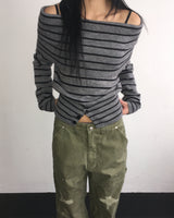 ストライプオフボタンニット