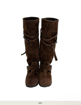 press matte buckle suede long boots (2.5cm)