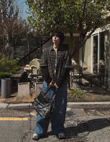 Post pocket cutting wide denim pants