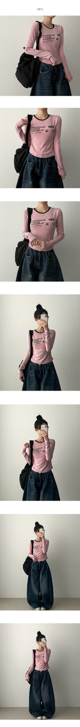 Gling Coloring Round Lettering スリムフィット長袖Tシャツ