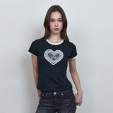 C レースパネルグラフィックTシャツ_ブラック