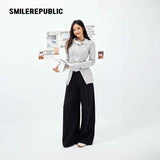 Gray Polyester Blend Ribbed Knit Embroidered Logo Fitted Button-Front Collared Cardigan for Women