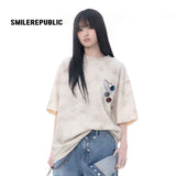 Beige Gray 100% Cotton Distressed Wash Graphic Oversized Crew Neck Short Sleeve T Shirt