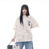 Beige Gray 100% Cotton Distressed Wash Graphic Oversized Crew Neck Short Sleeve T Shirt