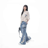 Beige Gray 100% Cotton Distressed Wash Graphic Oversized Crew Neck Short Sleeve T Shirt