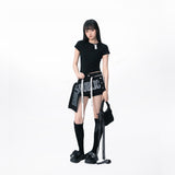Black Washed Denim Shorts with Logo Drawstring, Women's Streetwear Shorts