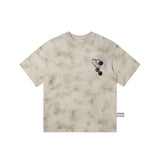 Beige Gray 100% Cotton Distressed Wash Graphic Oversized Crew Neck Short Sleeve T Shirt