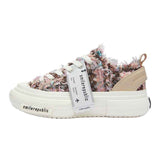 Multicolor Frayed Tweed Platform Sneakers, Unisex Low Top Lace Up Shoes