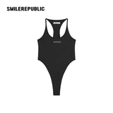 Black Polyester Spandex Racerback Thong Bodysuit, Sleeveless Logo Fitted One Piece Top for Women