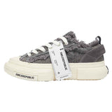 Gray Distressed Frayed Canvas Platform Sneakers, Unisex Low Top Lace-Up Retro Casual Shoes