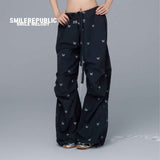Black 100% Nylon Allover Butterfly Print Wide-Leg Parachute Pants with Drawstring Waist for Women