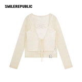 Ivory Nylon Jacquard Lace Bow Detail Cropped Cardigan and Cotton Blend Camisole Two Piece Set