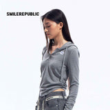 Gray Hooded Sweatshirt with 3D Ear Detail, Viscose Blend Pullover Hoodie for Women