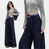 Navy Check Asymmetric Waist Wide-Leg Trousers