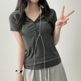 Ruzyn spandex stripe snap short sleeve hoodie